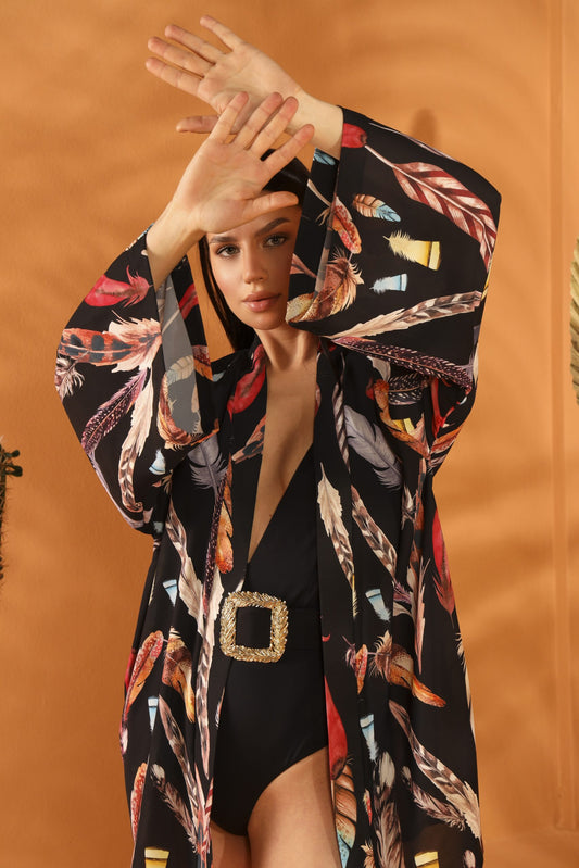 Black Feather Kısa Kimono