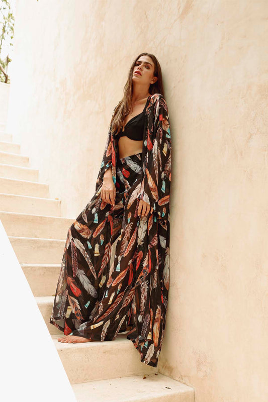 Black Feather Kimono & Pantolon Takım