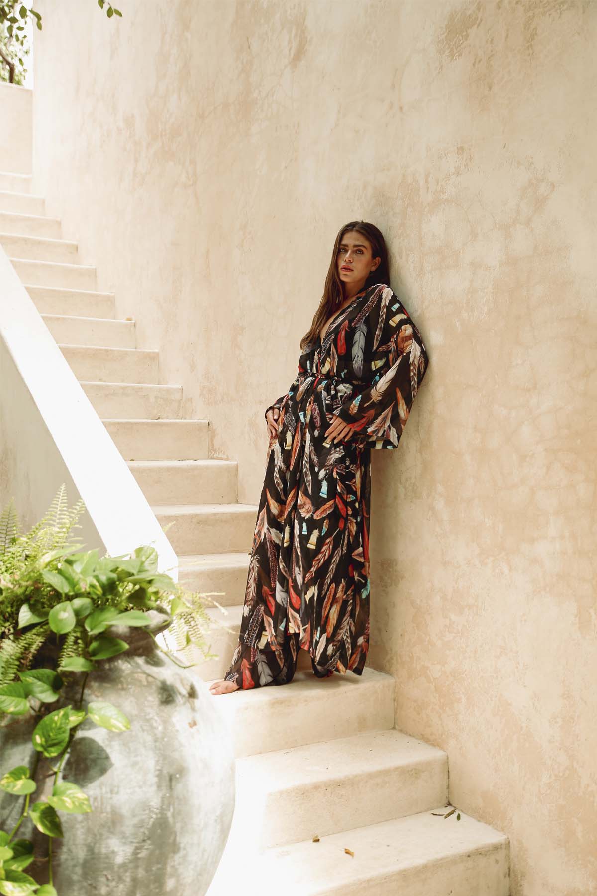 Black Feather Kimono & Pantolon Takım