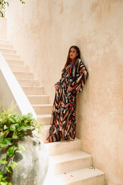 Black Feather Kimono & Pantolon Takım
