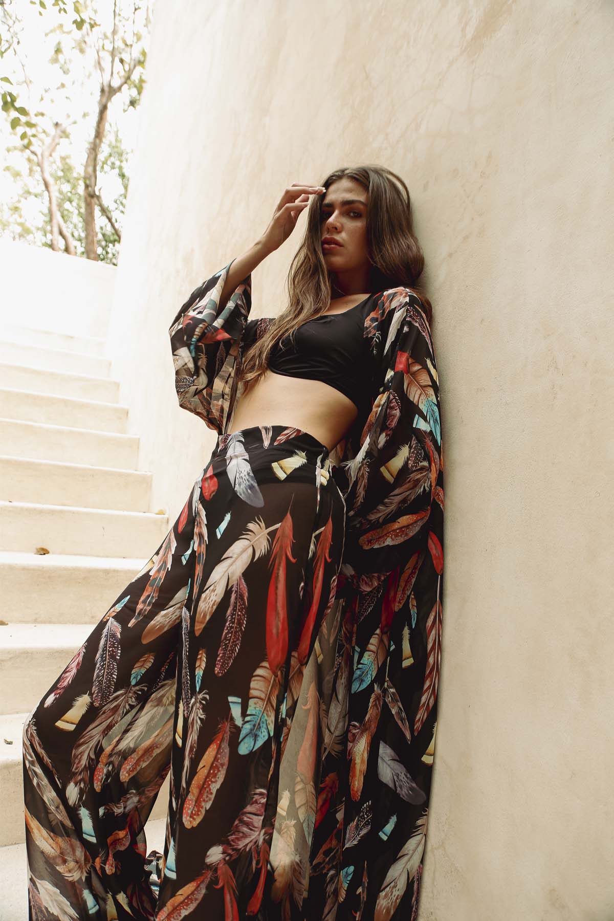 Black Feather Kimono & Pantolon Takım
