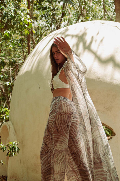 Cream Botanical Kimono & Pantolon Takım