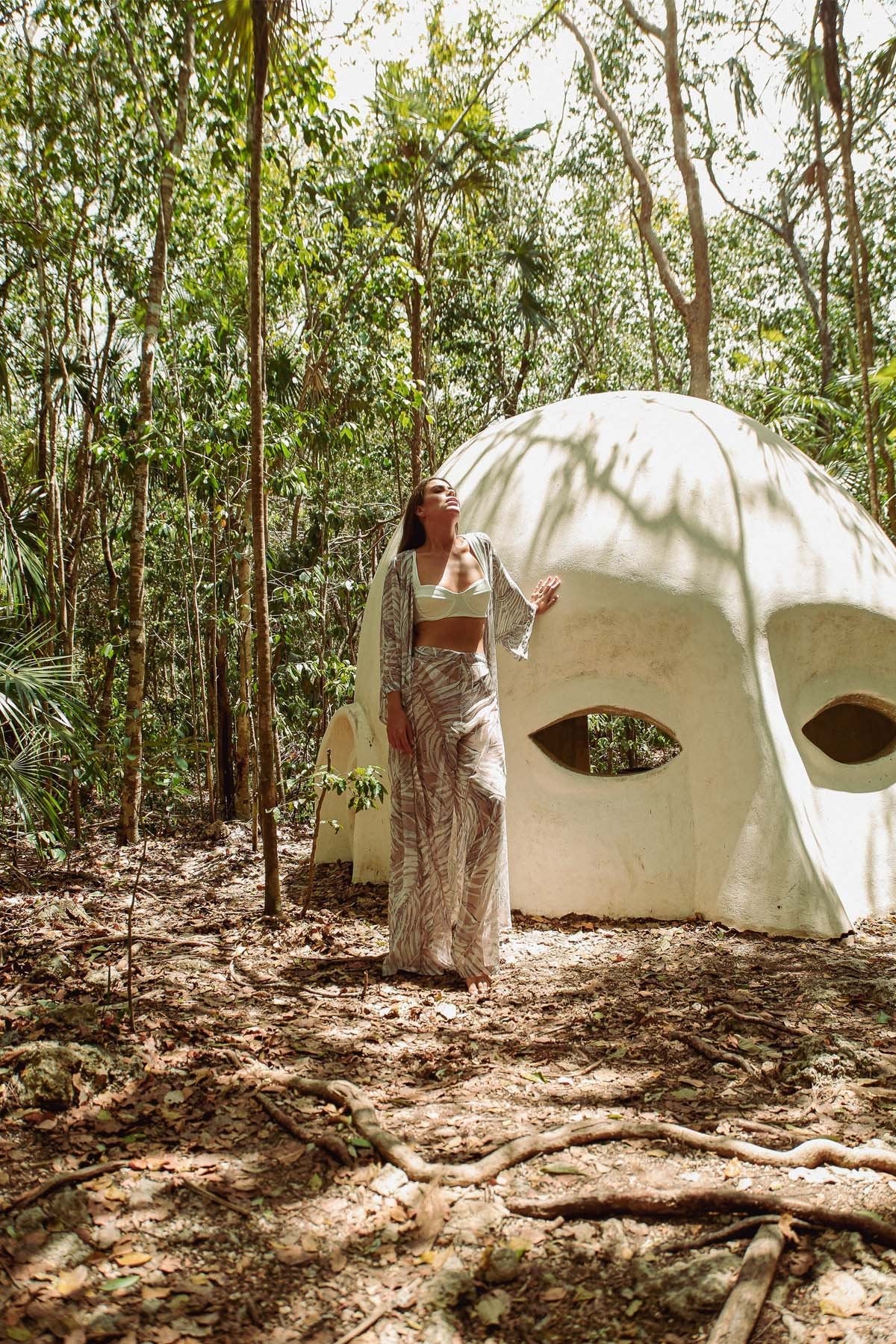 Cream Botanical Kimono & Pantolon Takım