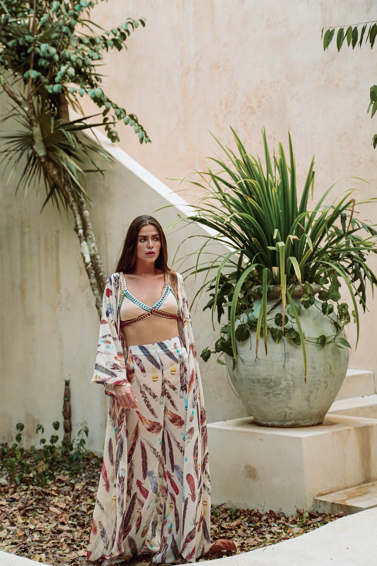 Cream Feather Kimono Pantolon Takımı