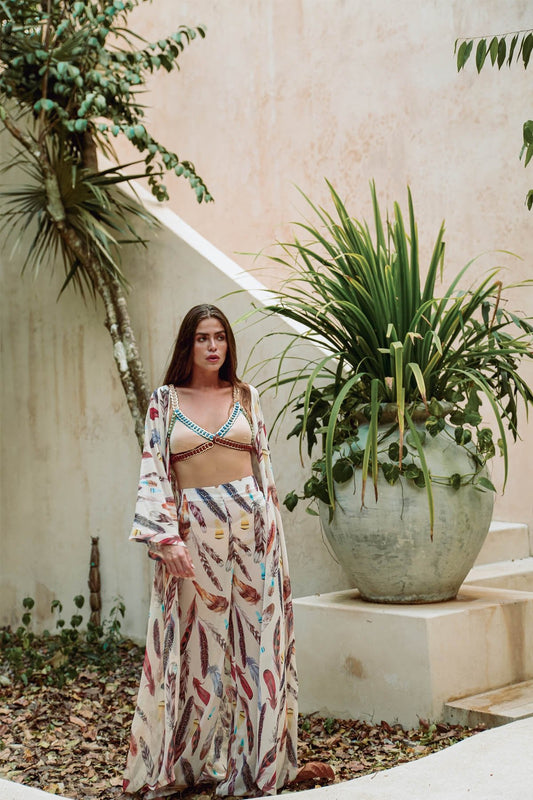 Cream Feather Kimono Pantolon Takımı
