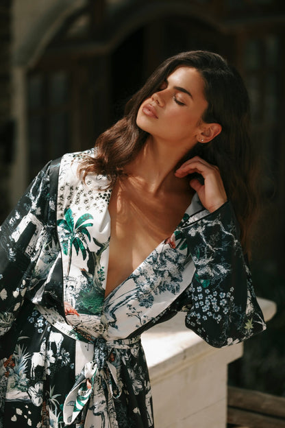 Lionne Noır Çift Taraflı Uzun Kimono Sabahlık