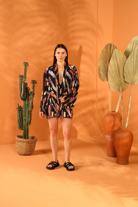 BLACK FEATHER KISA KİMONO