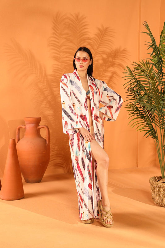 WHITE FEATHER UZUN KİMONO