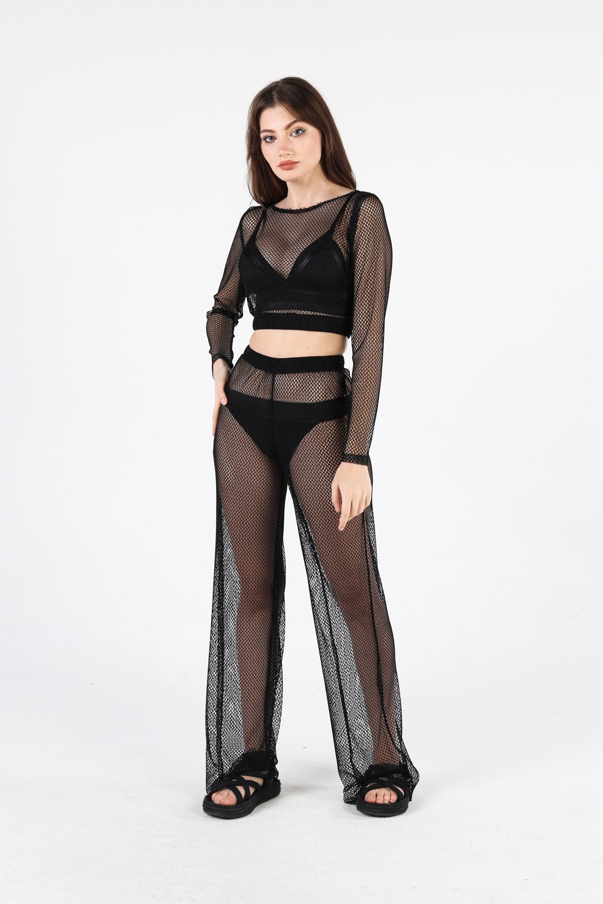 BLACK FISHNET KISA ÜST PANTOLON TAKIM