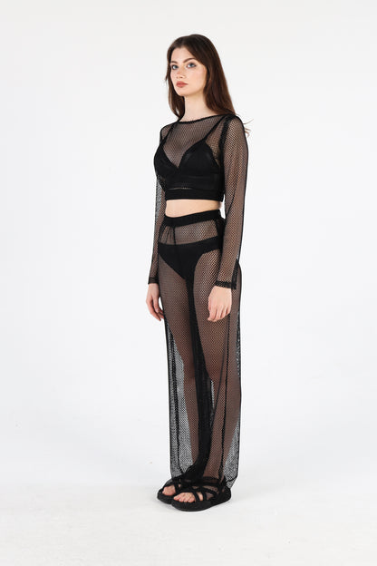 BLACK FISHNET KISA ÜST PANTOLON TAKIM