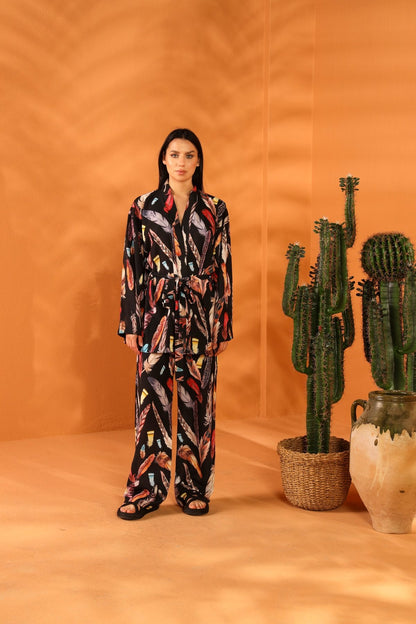 BLACK FEATHER KİMONO PANTOLON TAKIM