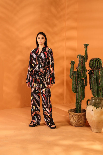 BLACK FEATHER KİMONO PANTOLON TAKIM