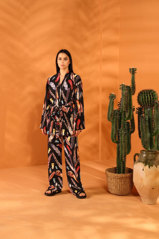 BLACK FEATHER KİMONO PANTOLON TAKIM