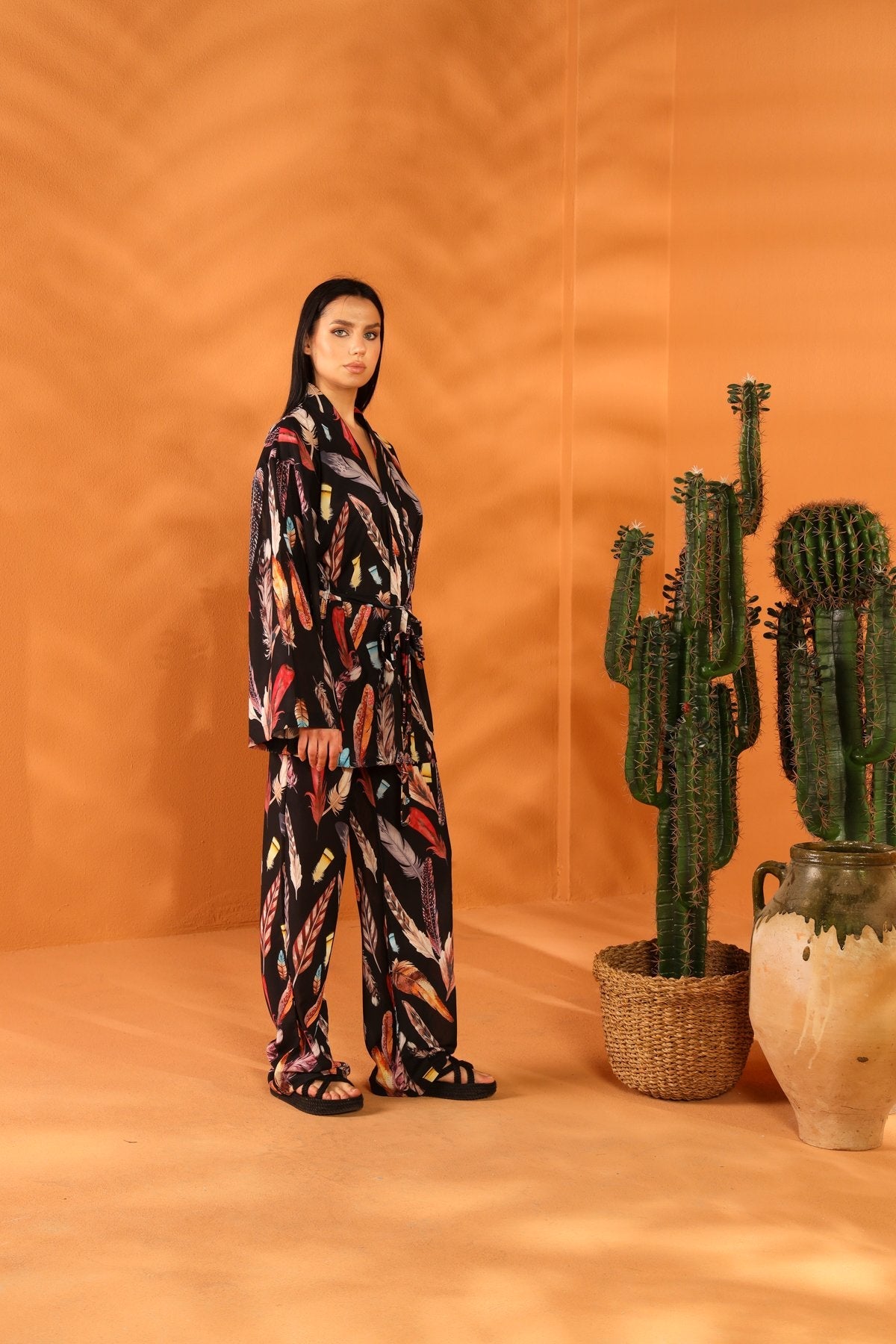 BLACK FEATHER KİMONO PANTOLON TAKIM
