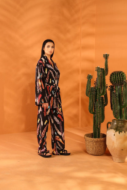 BLACK FEATHER KİMONO PANTOLON TAKIM