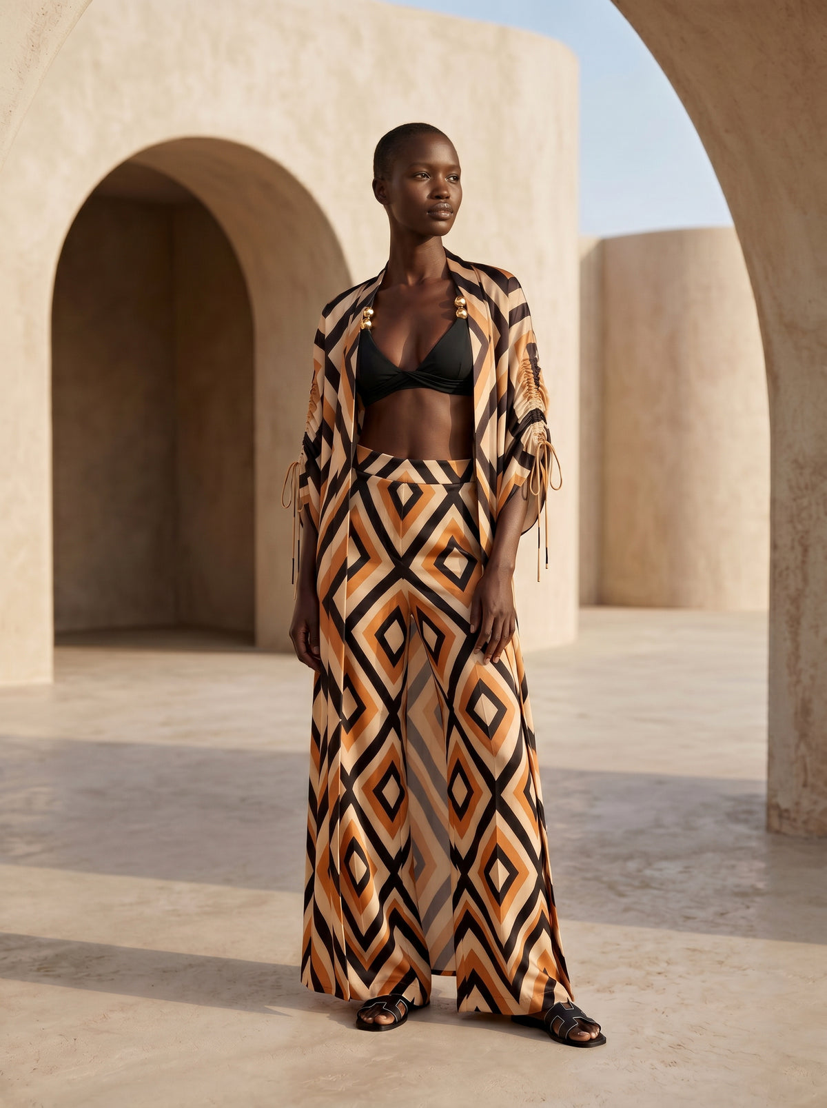 NAXOS BÜZGÜLÜ UZUN KIMONO&PANTOLON TAKIM