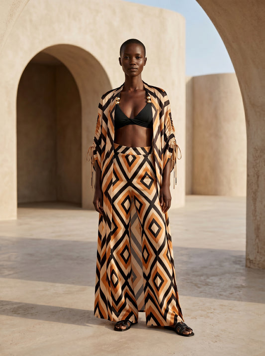 NAXOS BÜZGÜLÜ UZUN KIMONO&PANTOLON TAKIM
