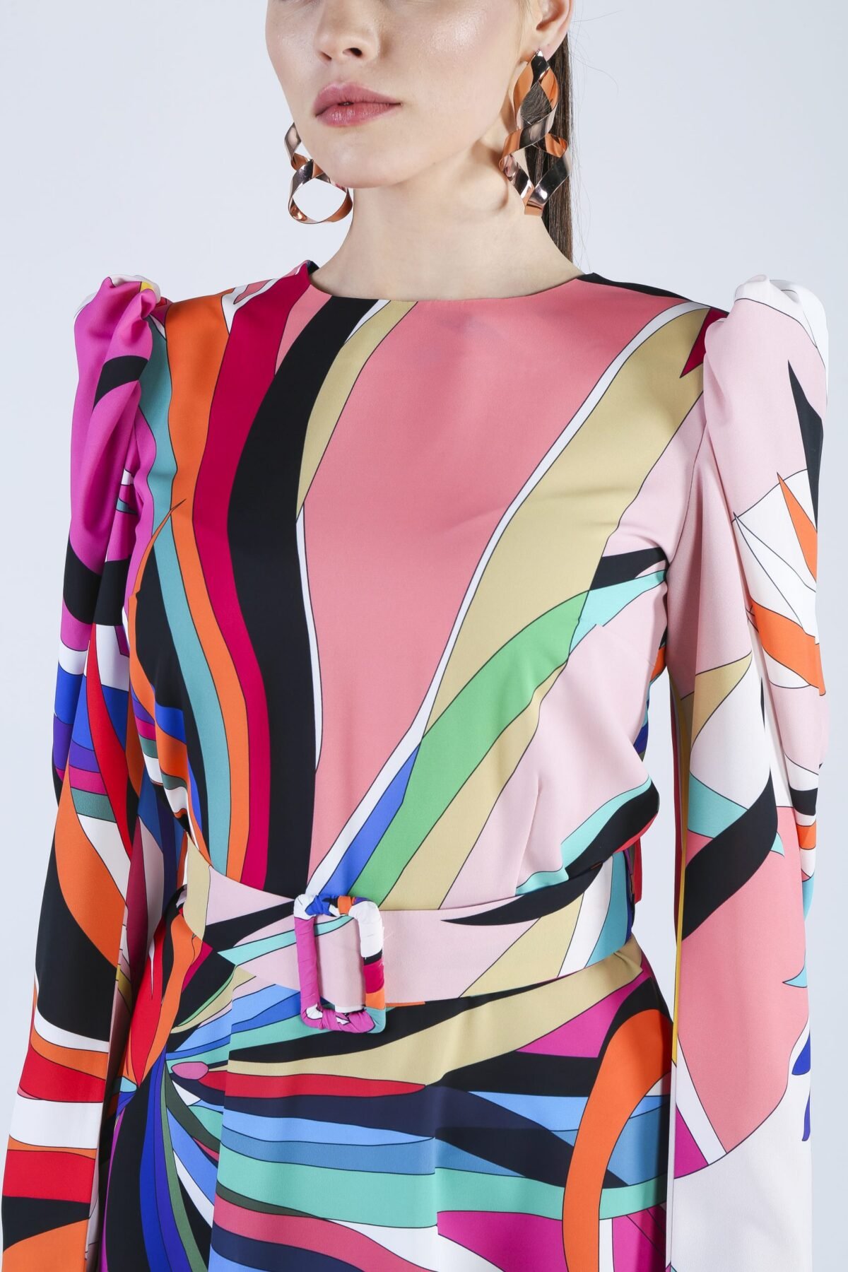 Multicolored Mini Dress with belt details - Görsel 4